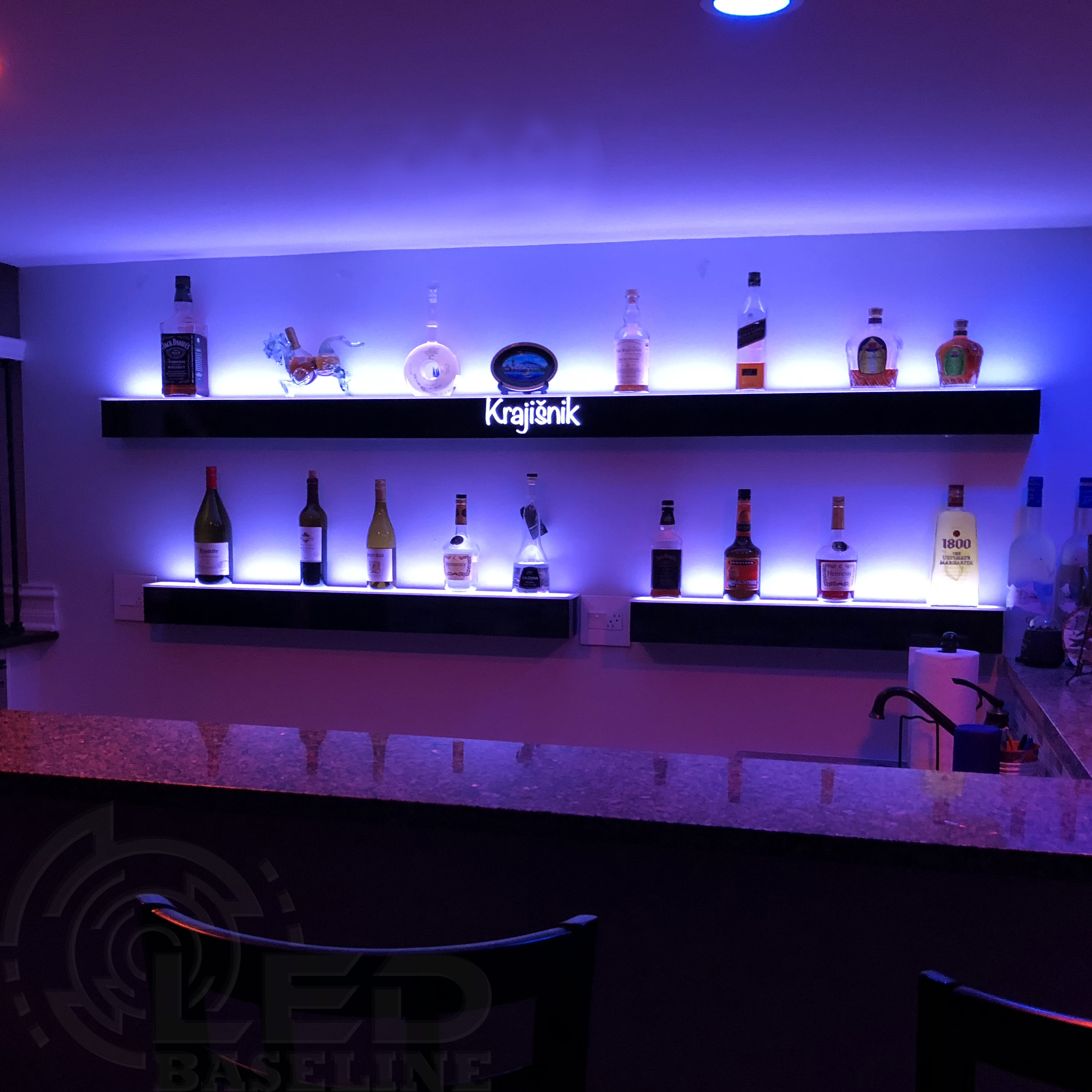 1 Tier LED Floating Shelf | LED Lighted Floating Bar Shelves | Wall Mount