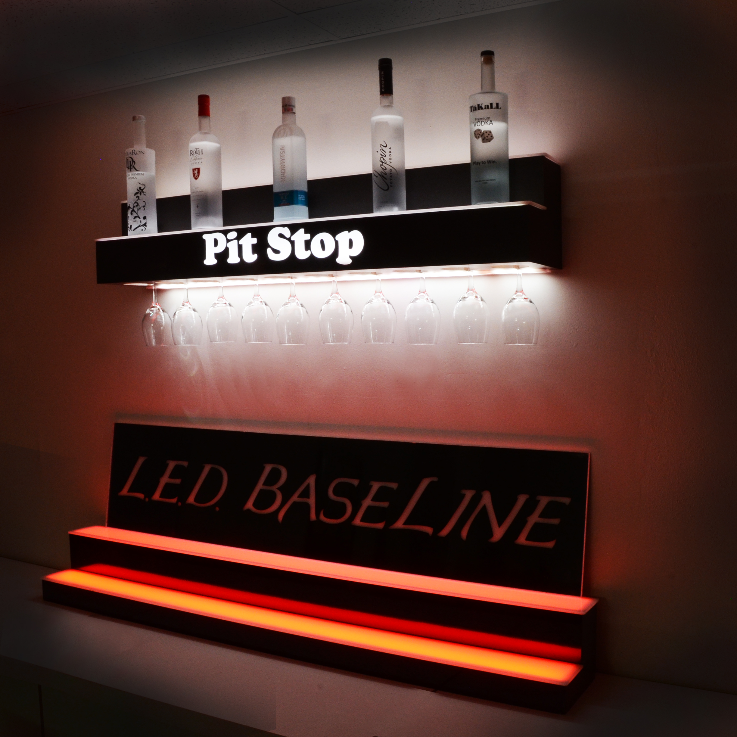 LED Lit Acrylic Bottle Display 2ft Wall Mounted Shelf 