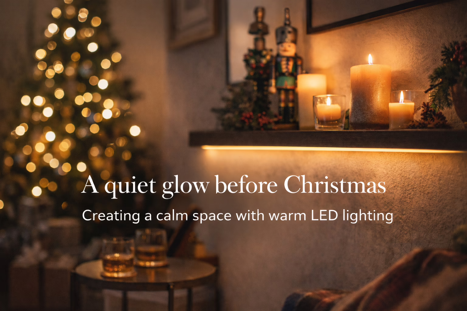 Soft, warm LED lighting illuminating shelves in a cozy holiday home bar with a relaxed Christmas feel