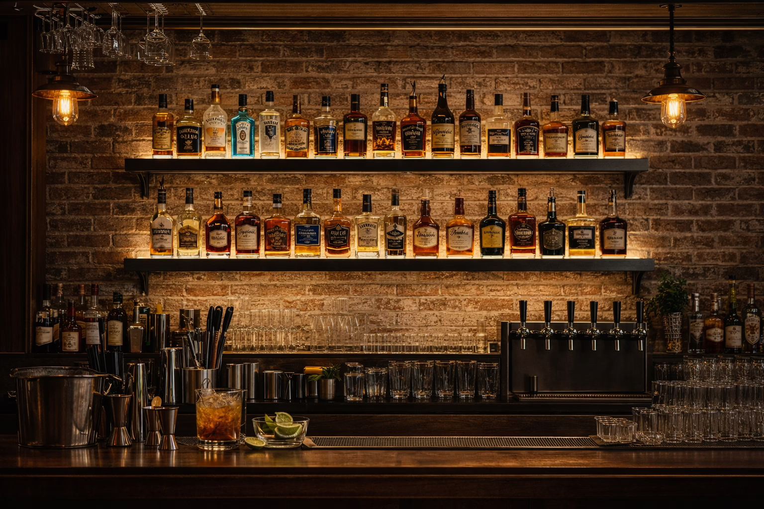 Example of LED bar shelves used in a commercial restaurant back bar
