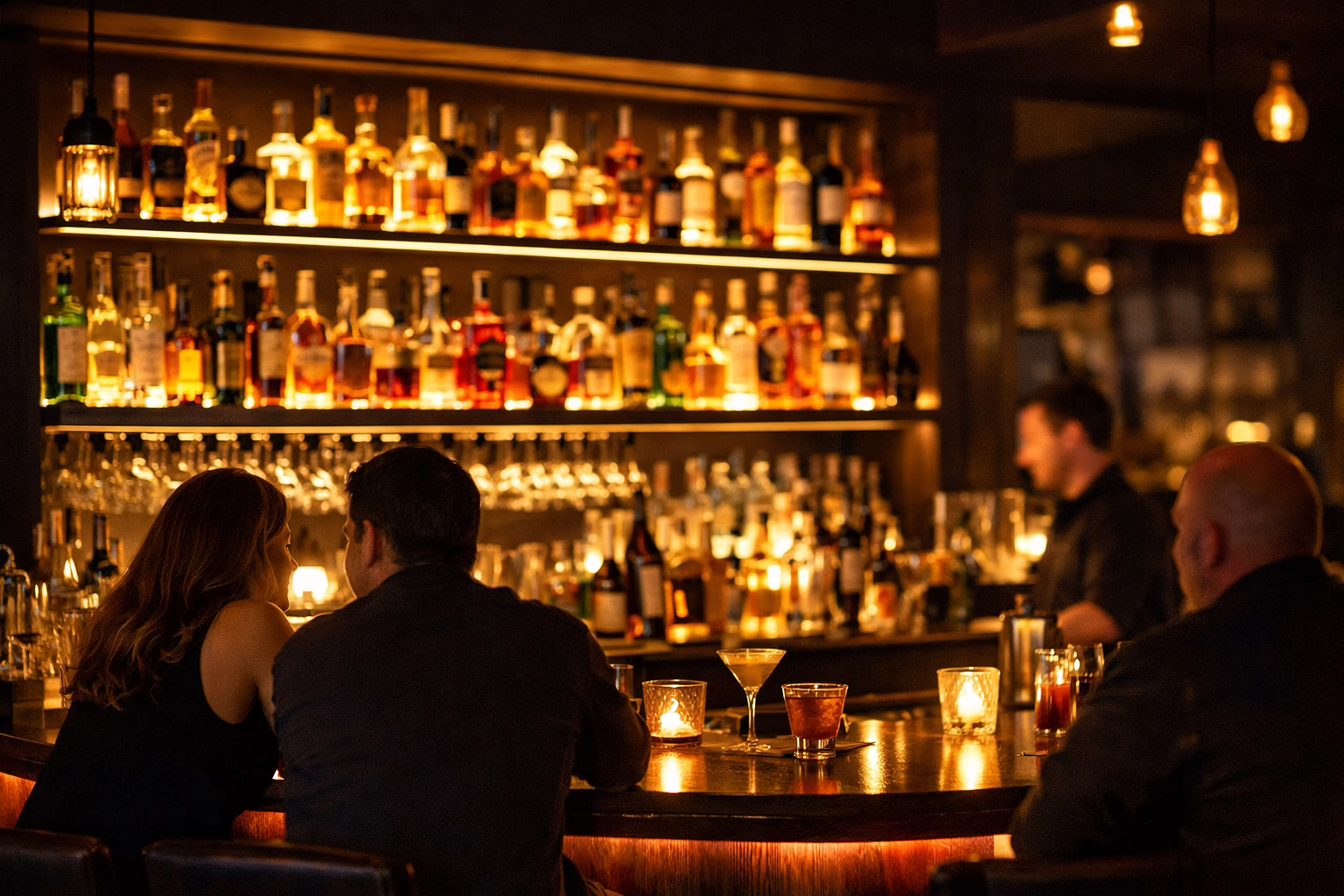 Warm mood lighting in a bar with illuminated shelving behind the counter, creating an intimate atmosphere that encourages guests to linger and order more.