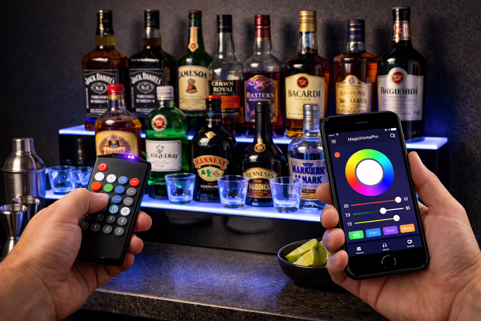 Universal remote and MagicHomePro app controlling LED bar shelves