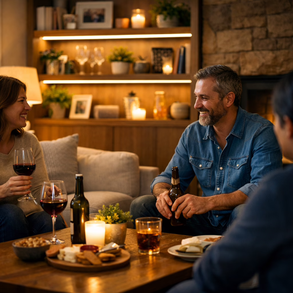 Warm home lighting creating a relaxed atmosphere for casual hosting