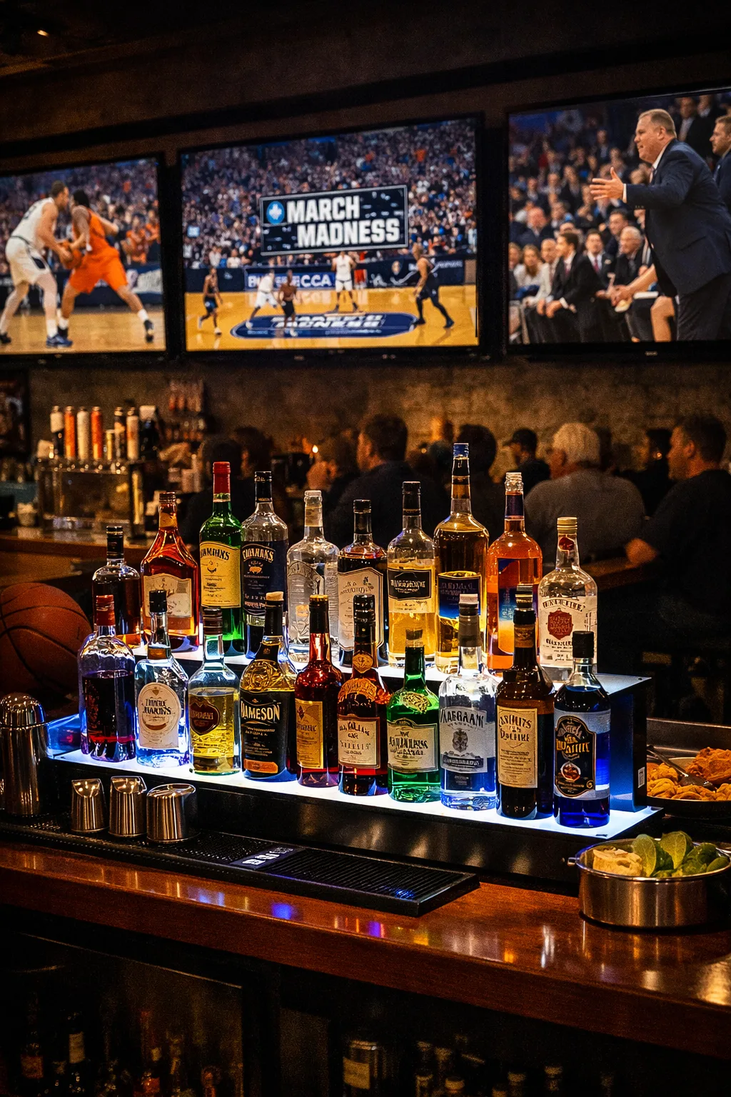 Illuminated liquor display shelf in a busy sports bar during March Madness with multiple TVs showing basketball games