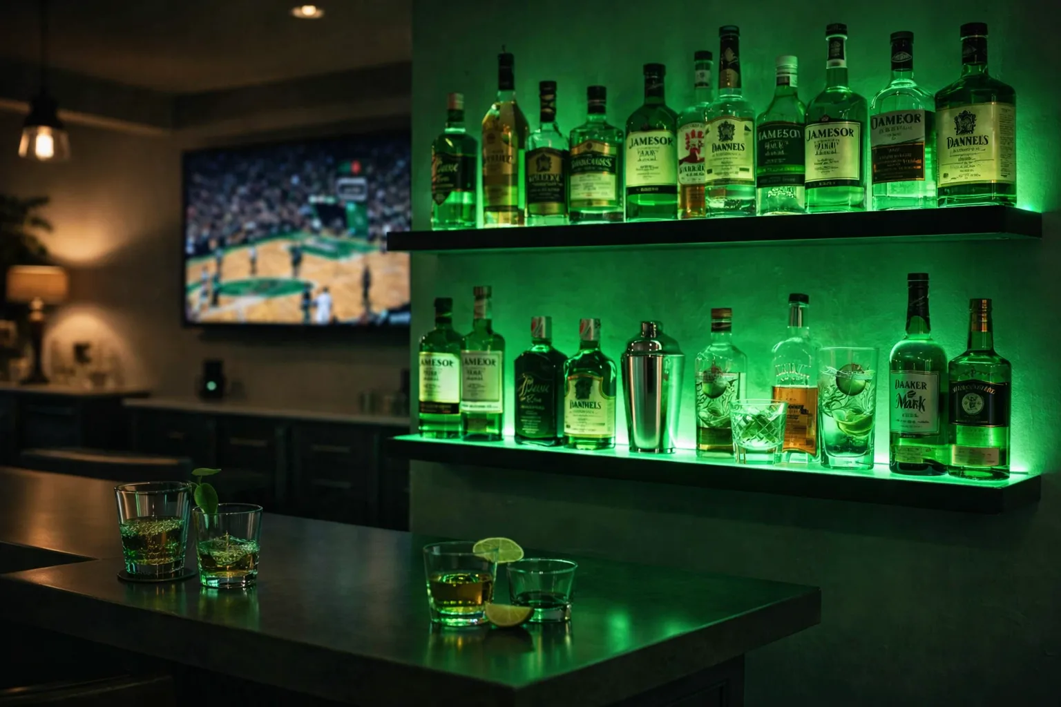 home bar with green LED bar shelves for st patricks day game night
